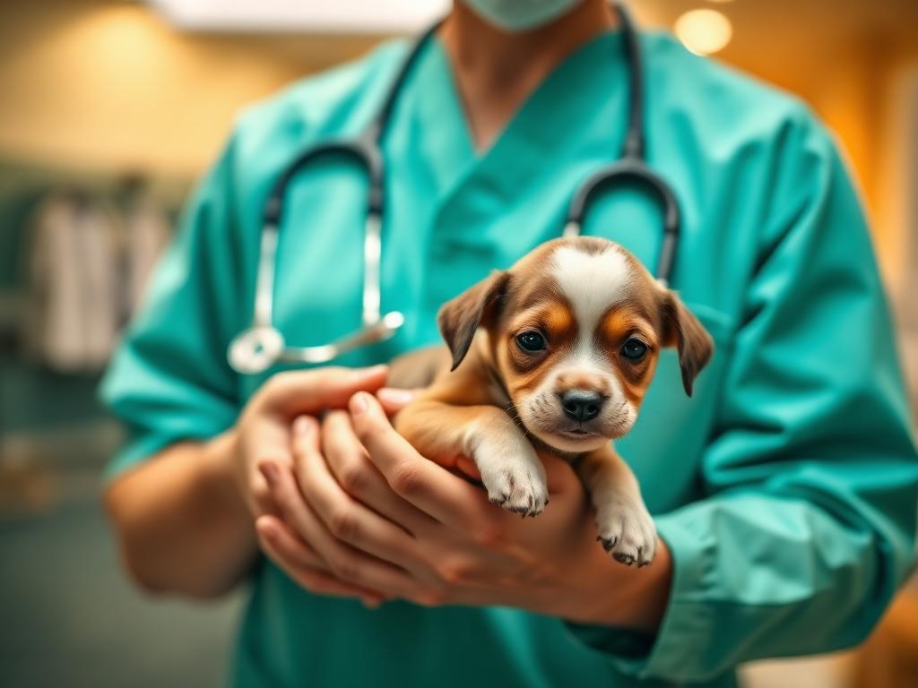 Veterinarian holding a puppy with care